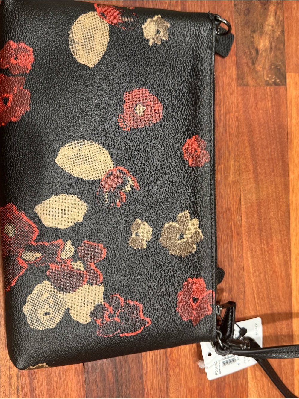 Coach Black Floral Leather Wristlet with Red and Cream Blooms - Picture 2 of 2